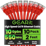 GearIT Cat 6 Ethernet Cable 2 ft (10-Pack) - Cat6 Patch Cable, Cat 6 Patch Cab