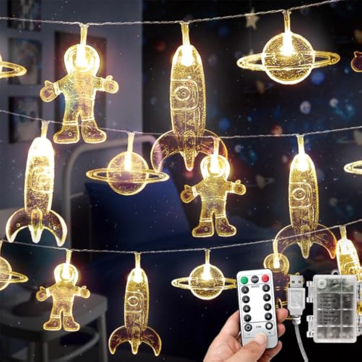 20 Led Children'S Room Led String Light Astronaut Spaceship Rocket Pendants Holiday Party Lights Wall Window Nursery Or