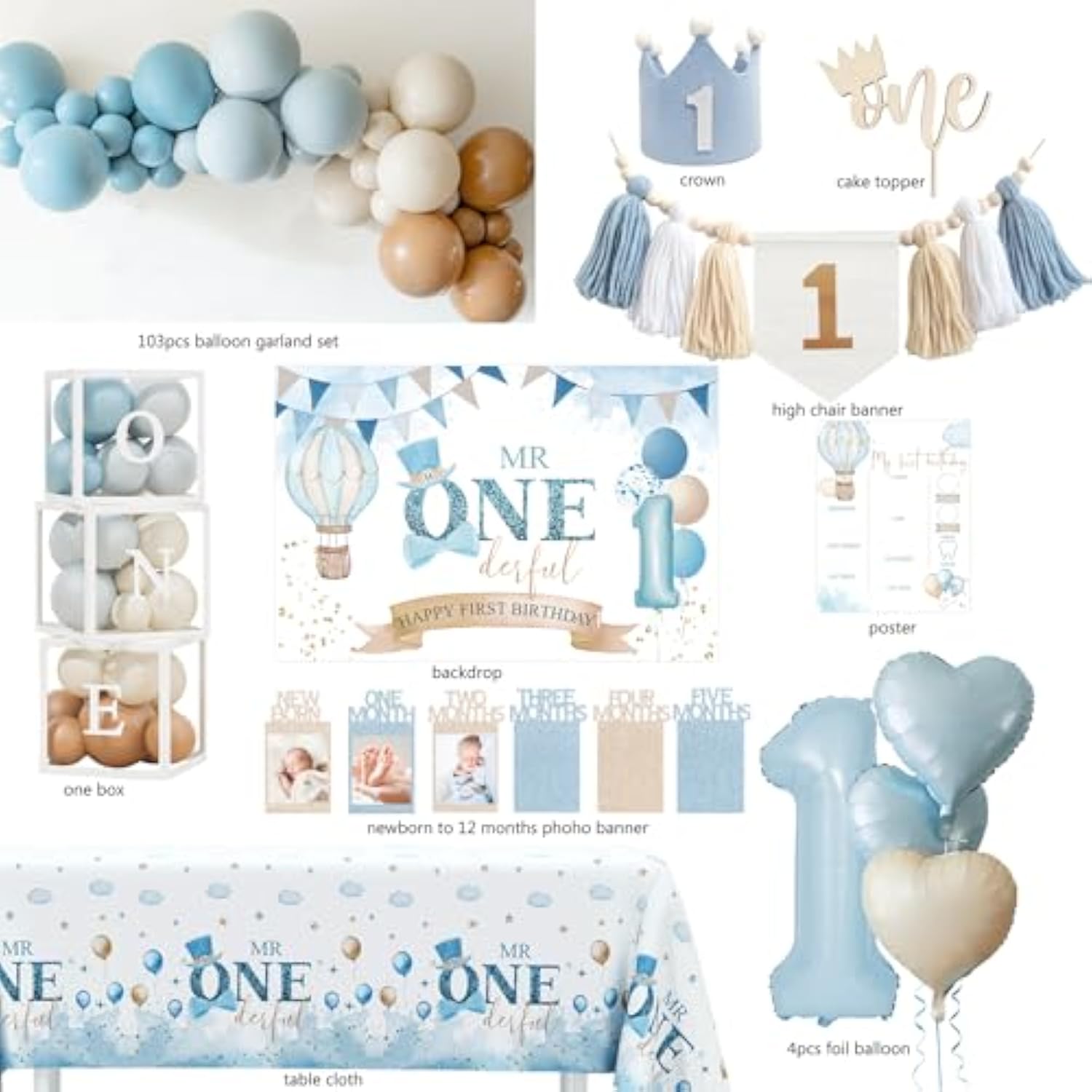 1St Birthday Decorations For Boy, First Birthday Party Supplies, Baby Boy First Birthday Decorations, Balloon Boxes, Backdrop, High Chair Banner, Crown, Photo Banner
