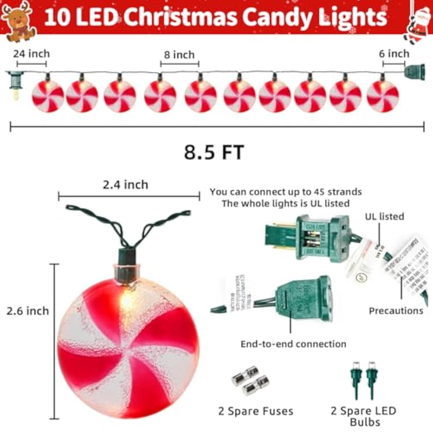 Christmas Tree Decorations Lights, 8.5Ft Candy String Lights With 10 Pack Candy Led Bulbs Christmas Ornaments For Indoor