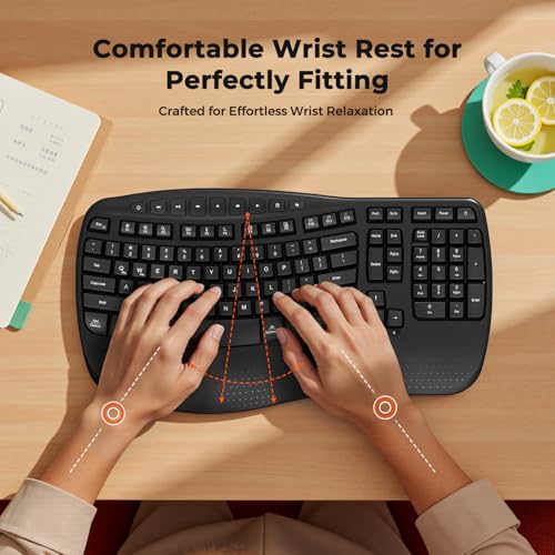 Wireless Ergonomic Keyboard, Wave Keys Firm Wrist Rest For Natural Typing, 2.4G Usb-A Cordless Receiver And Usb-C Adapter, Ergo Computer Keyboard Compatible With Windows/Mac/Pc/Laptop, Black