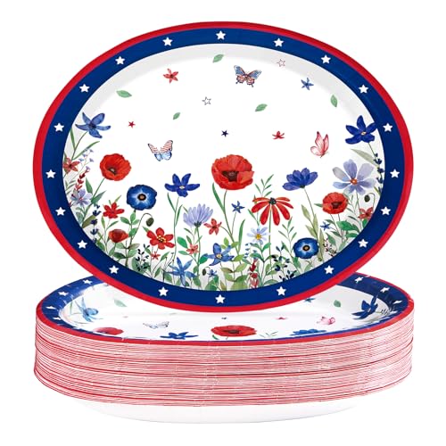 50 Pcs Large Patriotic Flower Oval Paper Plates 12 x 10 Inch Heavy Duty