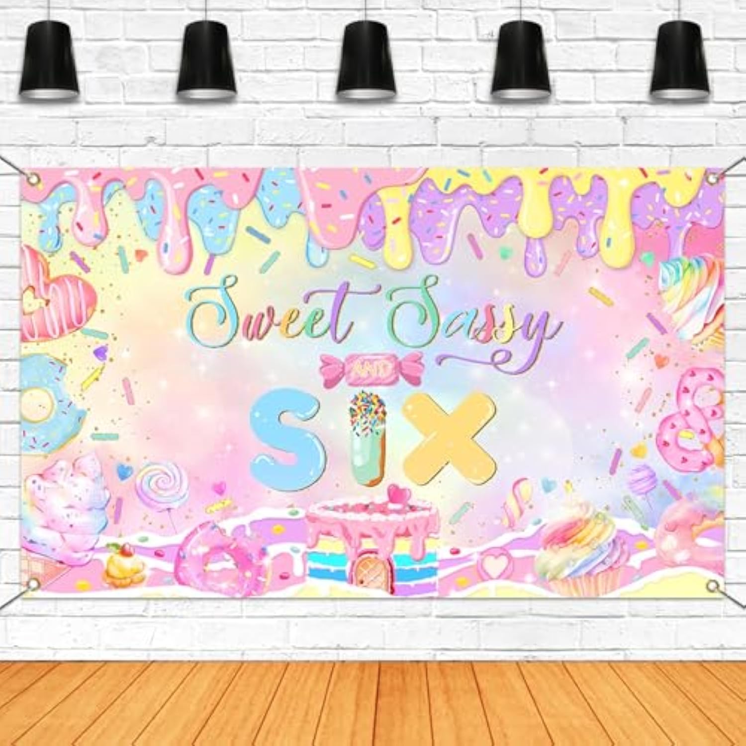 Donut 6th Birthday Backdrop Sweet Sassy Six Banner for Girls Party (Pink)