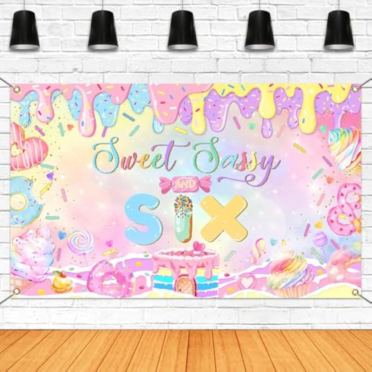 Donut 6th Birthday Backdrop Sweet Sassy Six Banner for Girls Party (Pink)