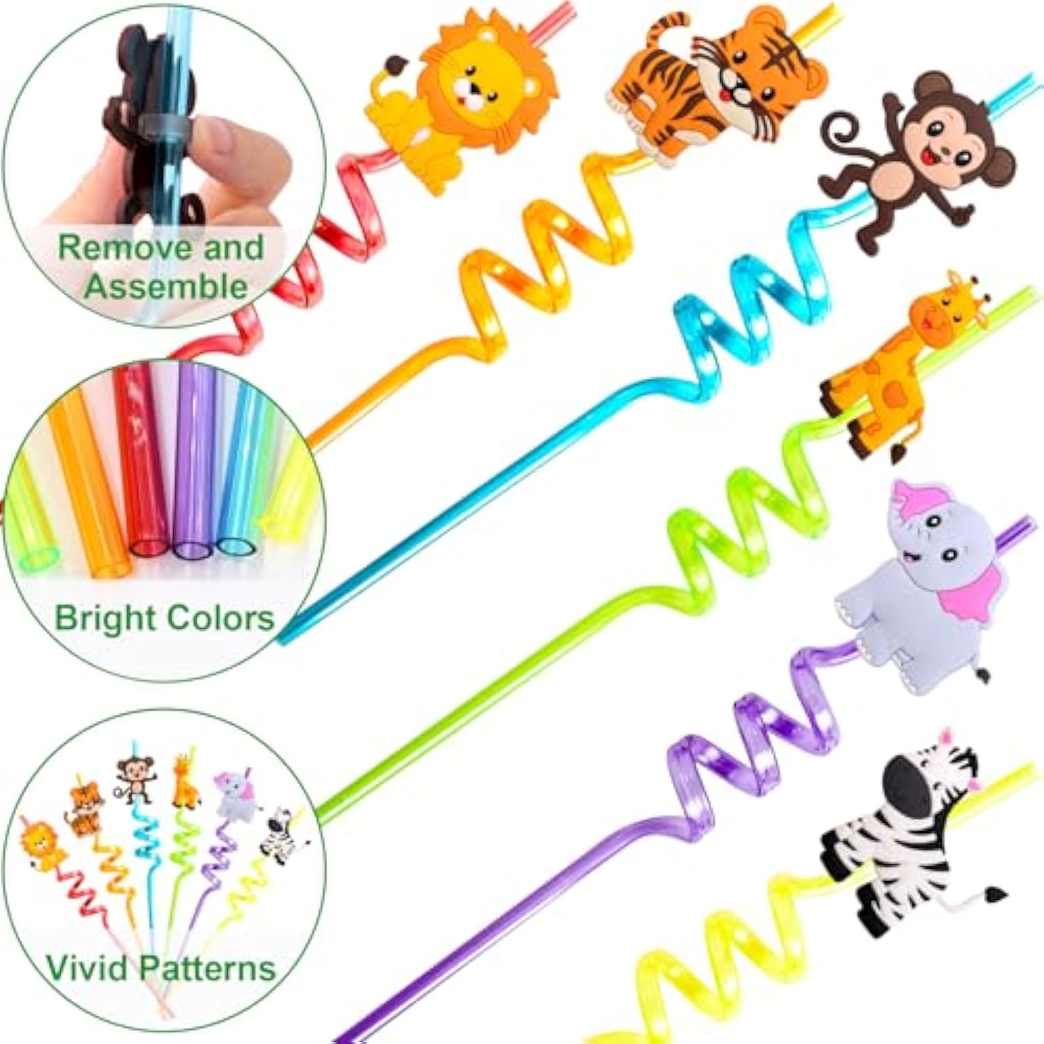 Safari Animal Straws Reusable Crazy Jungle Plastic Straws Bulk For Kids Woodland Birthday Party Favors 24 Pcs