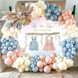 Boho Gender Reveal Backdrop He or She Sign Banner Blue and Pink Cute Baby Clothes Gender Reveal Party Decorations Pampas Grass Floral Baby Shower Party Background Supplies 7x5ft
