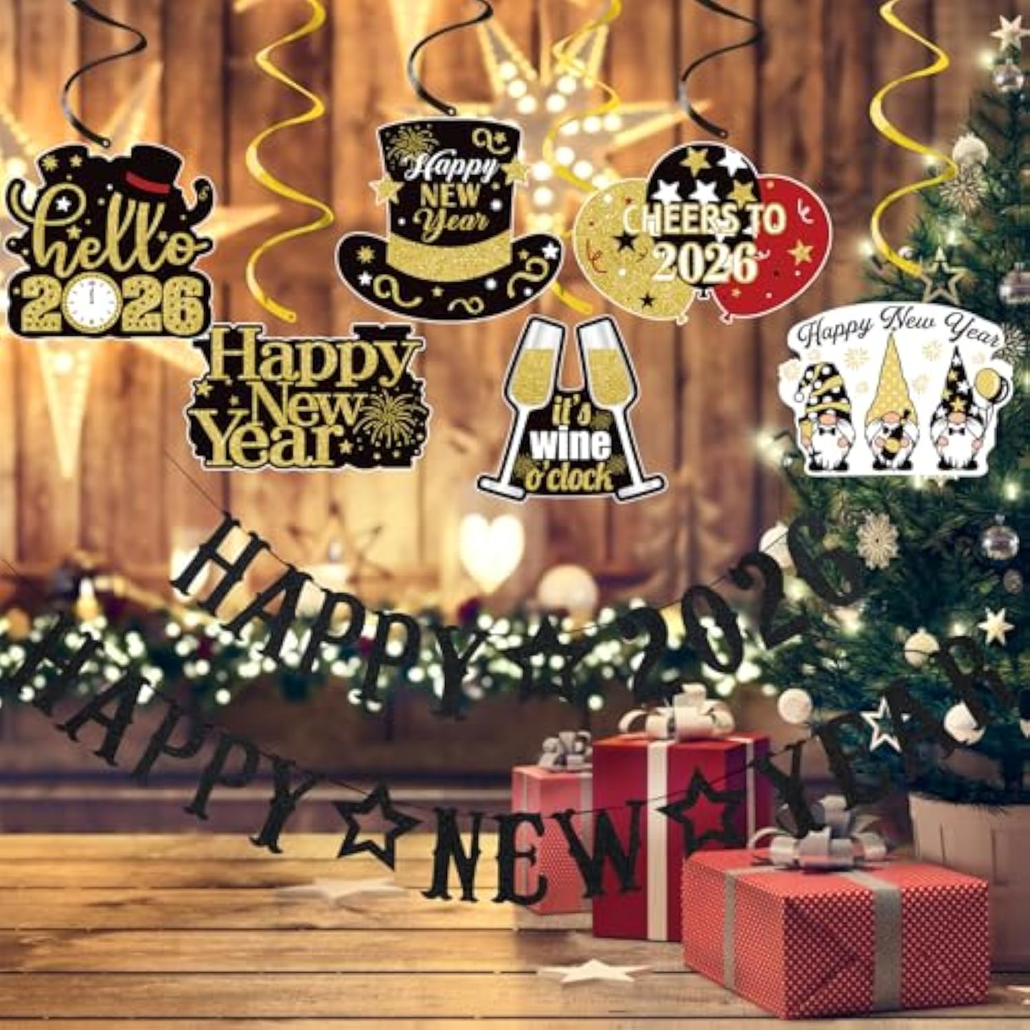 Black Glitter Happy 2026 New Year Banner Party Supplies for NYE