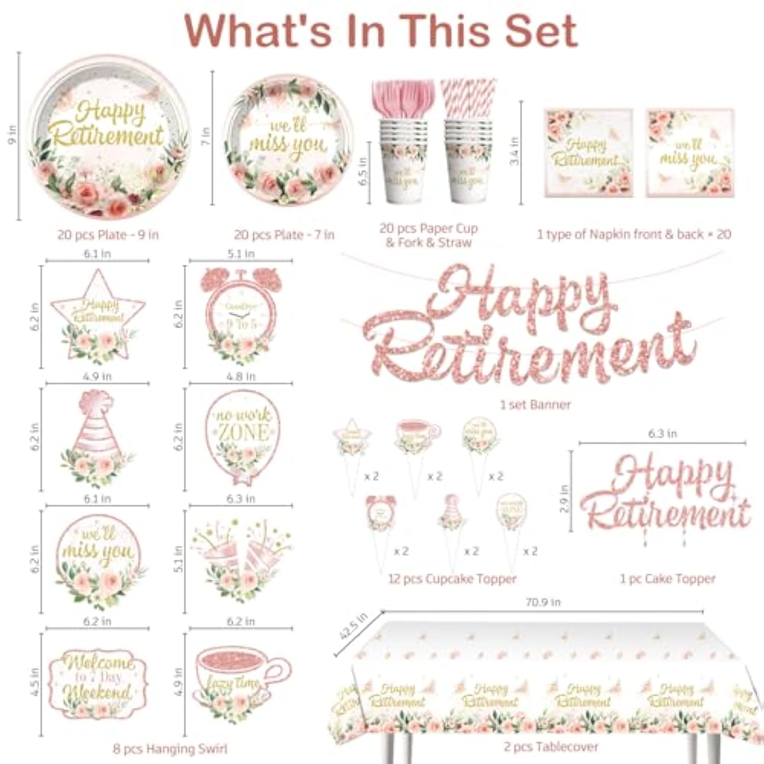 152Pcs Floral Retirement Decorations For Women Tableware Set, 20 Serves Disposable Retirement Plates And Napkins Sets, With 2Pcs Tablecloth, Pre-Strung Banner For We Will Miss You Decorations