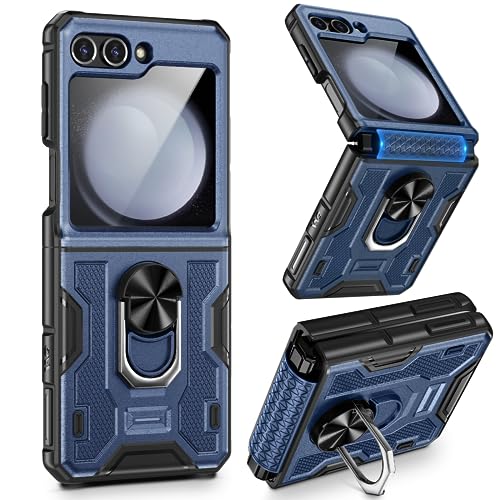 for Galaxy Z Flip 5 Case,  Z Flip 5 case with Screen Protector & Hinge Protection, 360° Ring Kickstand, Full Body Protective Cover Case for
