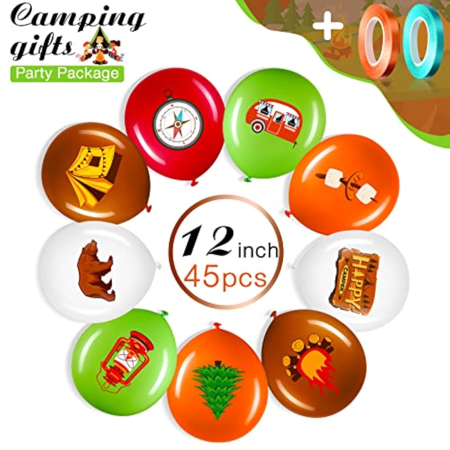 45PCS Camping Balloon Set – Colorful 12" Balloons with Ribbons for Adventure Party Decor