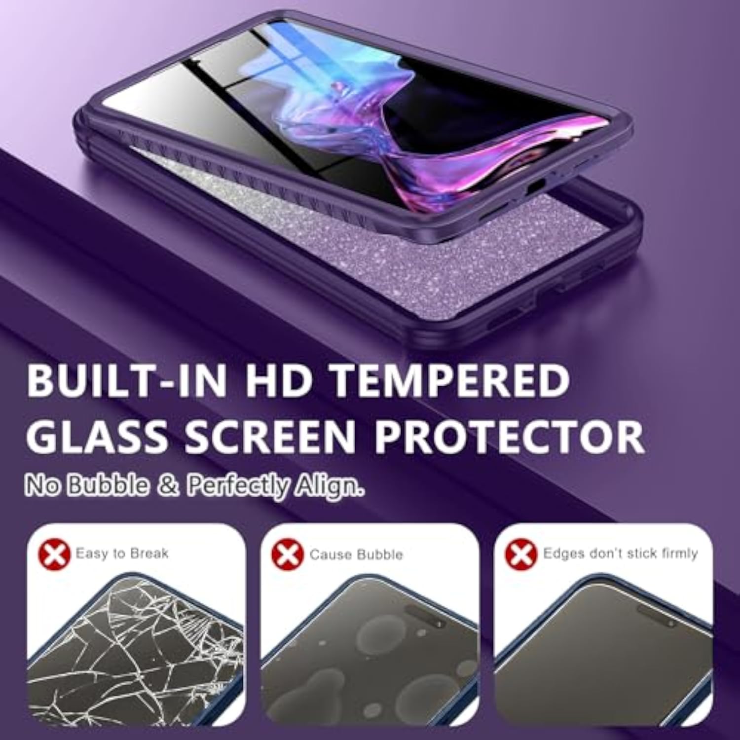Samsung Galaxy S24 Case with Glitter, Compatible with MagSafe Built-in Tempered Glass Screen Protector & Camera Lens Protection, Amethyst