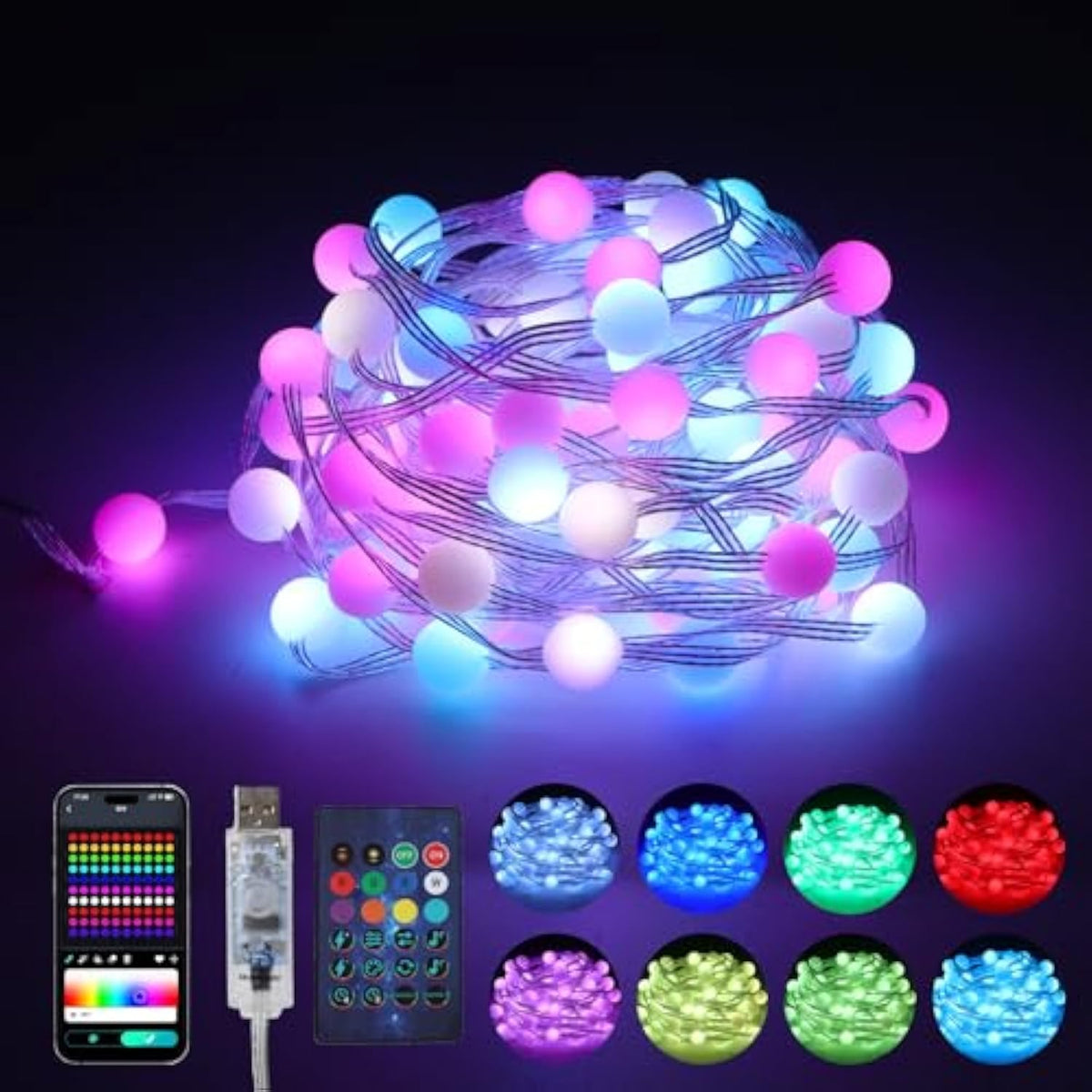 33Ft Rgb Globe String Lights, 100 Balls Diy Color Changing Fairy Lights Usb Powered With Remote & App Control, Music Syn