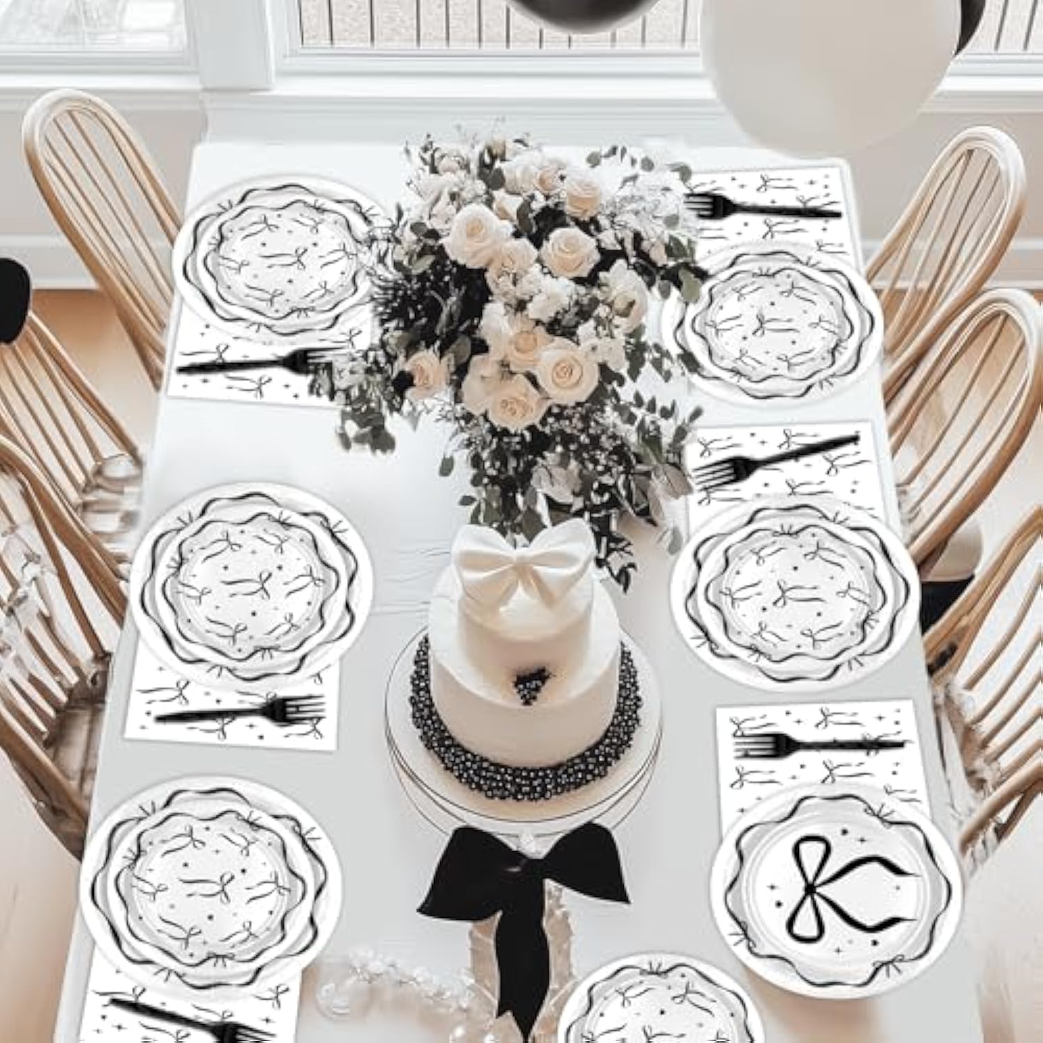 96Pcs Black Bow Plates And Napkins Black Bow Birthday Party Decorations Balck And White Bow Birthday Decorations Disposable Tableware Serve 24