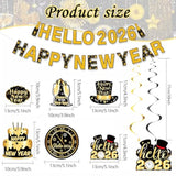 Black and Gold Happy New Year 2026 Banner with Hanging Swirls for Party Decor