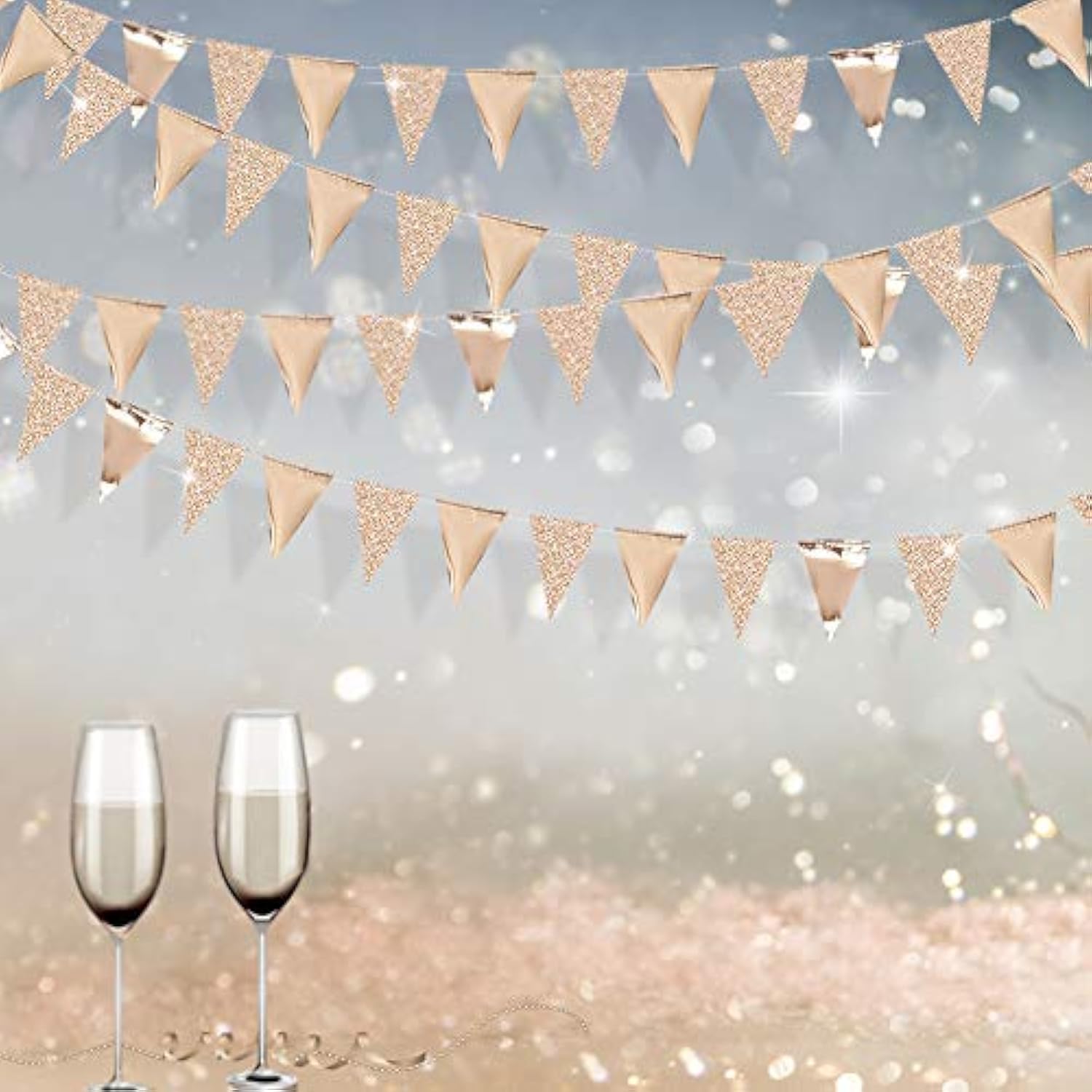 30 Ft Champagne Gold Double Sided Glitter Metallic Triangle Flag Bunti