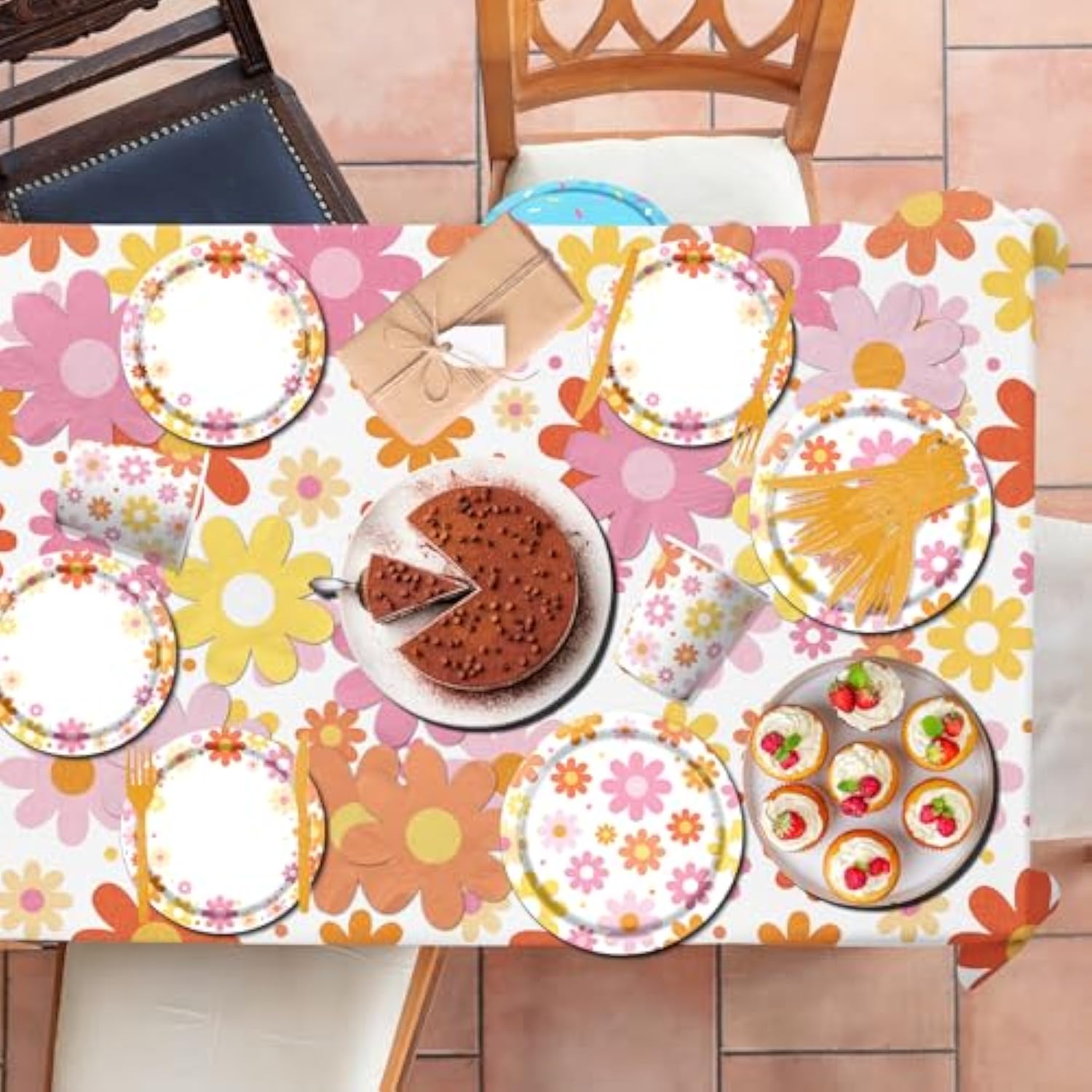142Pcs Daisy Party Supplies – Groovy Boho Birthday Set with Plates, Napkins, Cups, Tablecloth & Banner