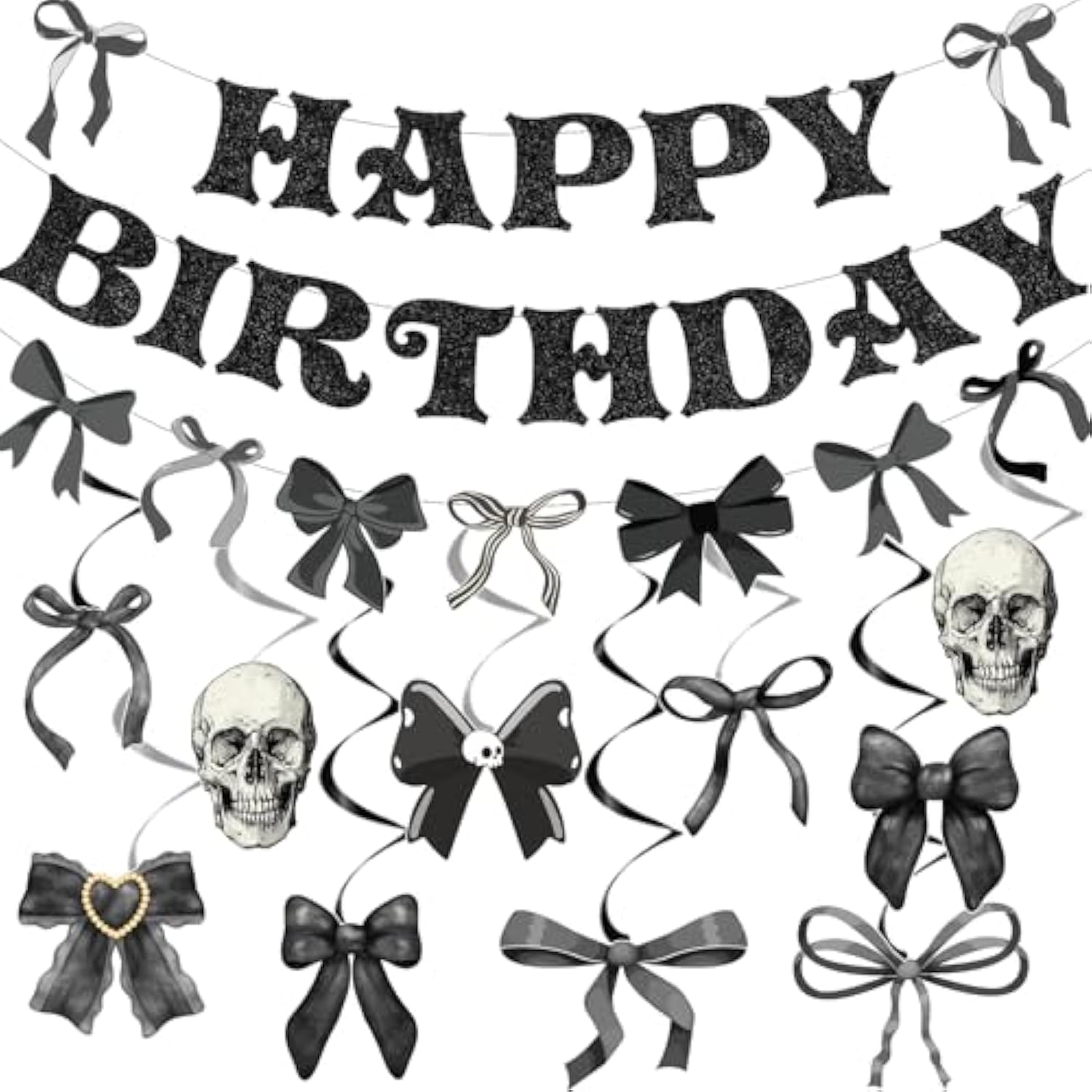 Black Bow Party Decorations - 13Pcs Gothic Birthday Decorations Skull Skeleton Goth Party Supplies For Girls Women Black Bow Coquete Happy Birthday Banners Hanging Swirls