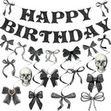 Black Bow Party Decorations - 13Pcs Gothic Birthday Decorations Skull Skeleton Goth Party Supplies For Girls Women Black Bow Coquete Happy Birthday Banners Hanging Swirls