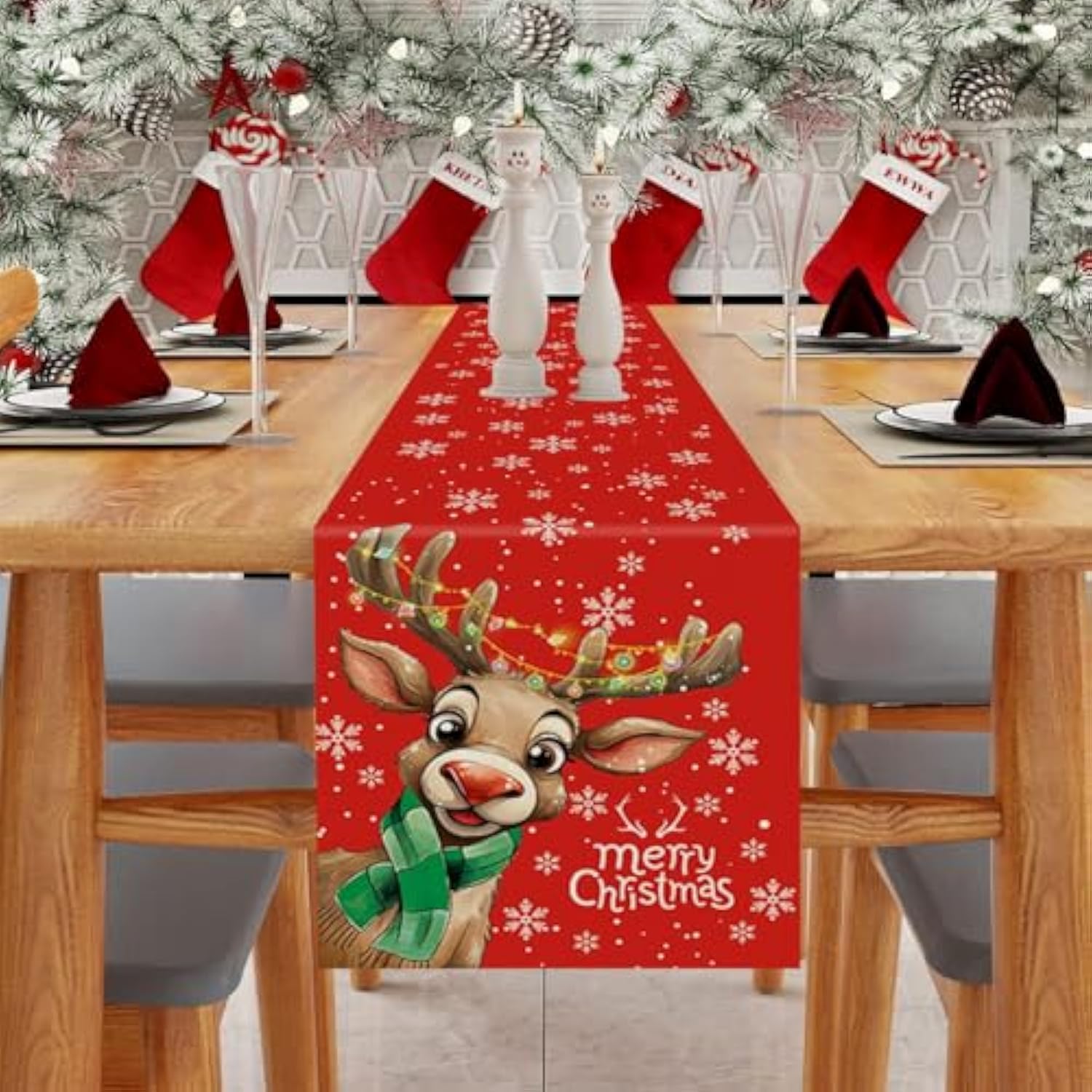 Merry Christmas Table Runner Reindeer Snowflake Red Runner Winter Xmas Home Party Kitchen Dining Table Indoor Outdoor Decorations 13X48 Inch