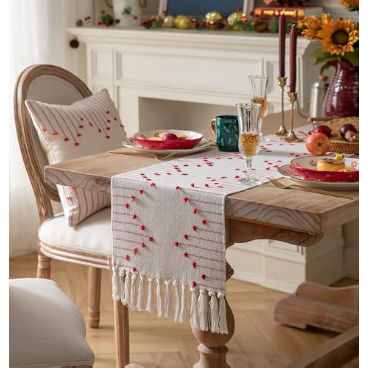 Christmas Table Runner 13 X 90 Inch Long Natural Cotton Woven Runner With Tassels For Home Dining Christmas Decorations, For Modern Farmhouse Holiday Boho Table Runner, Red And Beige