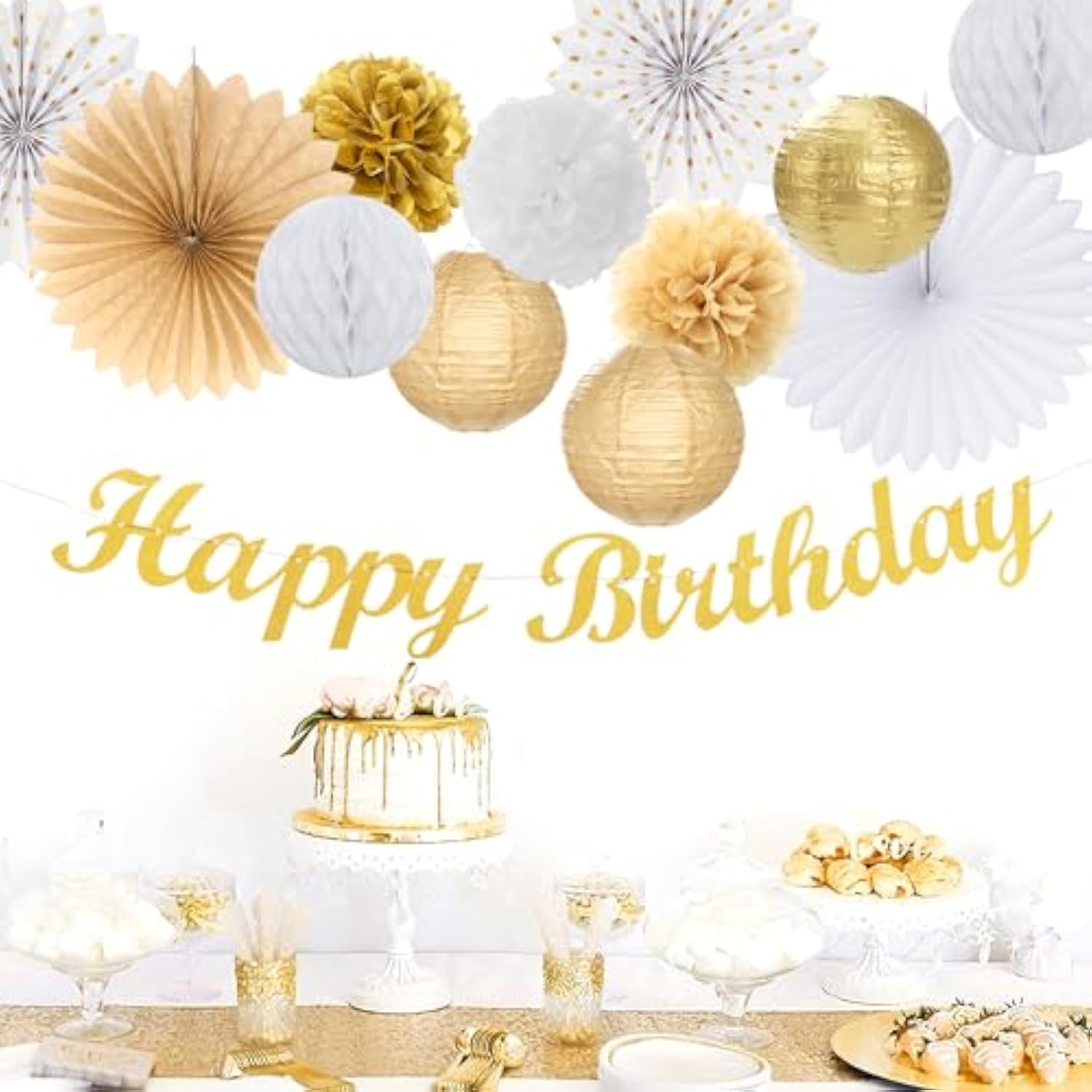 White Champagne Gold Birthday Party-Decorations - 21Pcs Happy Birthday Banner,Paper Lanterns,Tissue Pom Poms Flower Fan,Honeycomb Ball,Swirl Streamers Garland Supplies Women Men Decor
