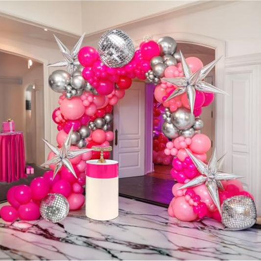 Hot Pink And Silver Disco Balloon Arch Garland Kit 150Pcs With Disco Ball Star Mylar Balloon For Back To 80S 90S Discotheme Prom Women 30Th Birthday Last Rodeo Bachelorette Party Decorations