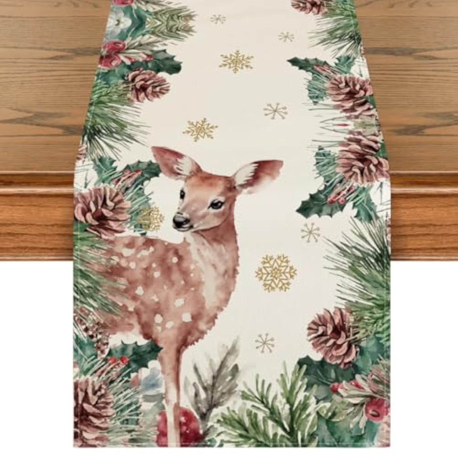 Reindeer Pine Cone Leaves Christmas Table Runner, Seasonal Winter Floral Kitchen Dining Table Decor For Home Party 13X72 Inch