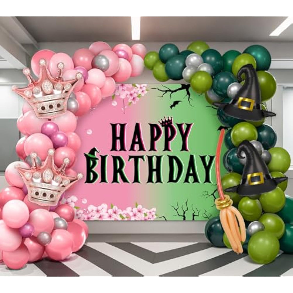Witch Party Decorations Pink And Green Balloons Garland Arch Kit With Witch Birthday Backdrop Banner Decor Princess Crown Sign Photo Prop Background For Spring Musical Movie Birthday Party Supplies