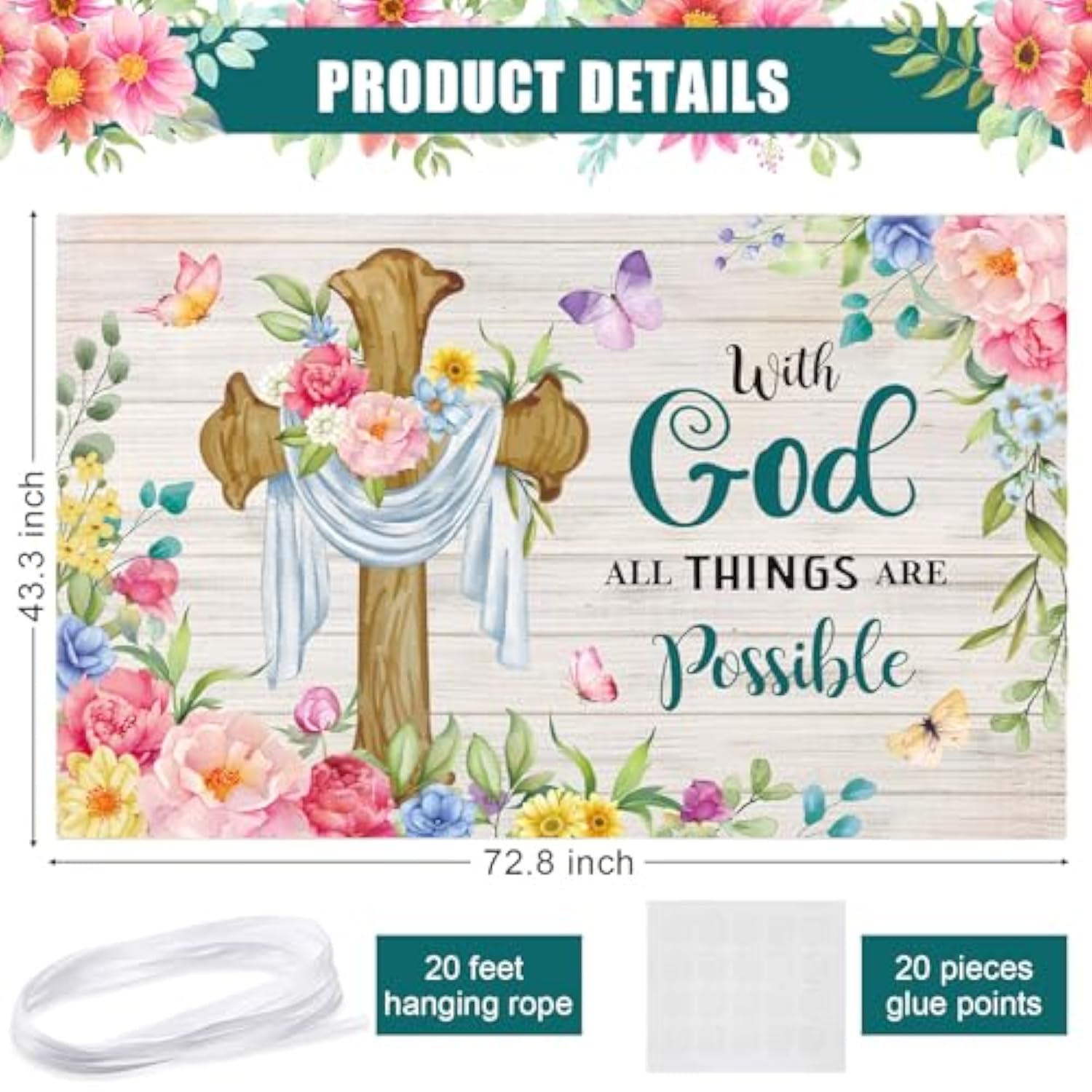 Spring Backdrop Christian Cross Banner With God All Things Are Possible Spring Easter Butterfly Flowers Wall Backdrops For Home Office Background Holiday Photo Prop, 43.3'' X 72.8''