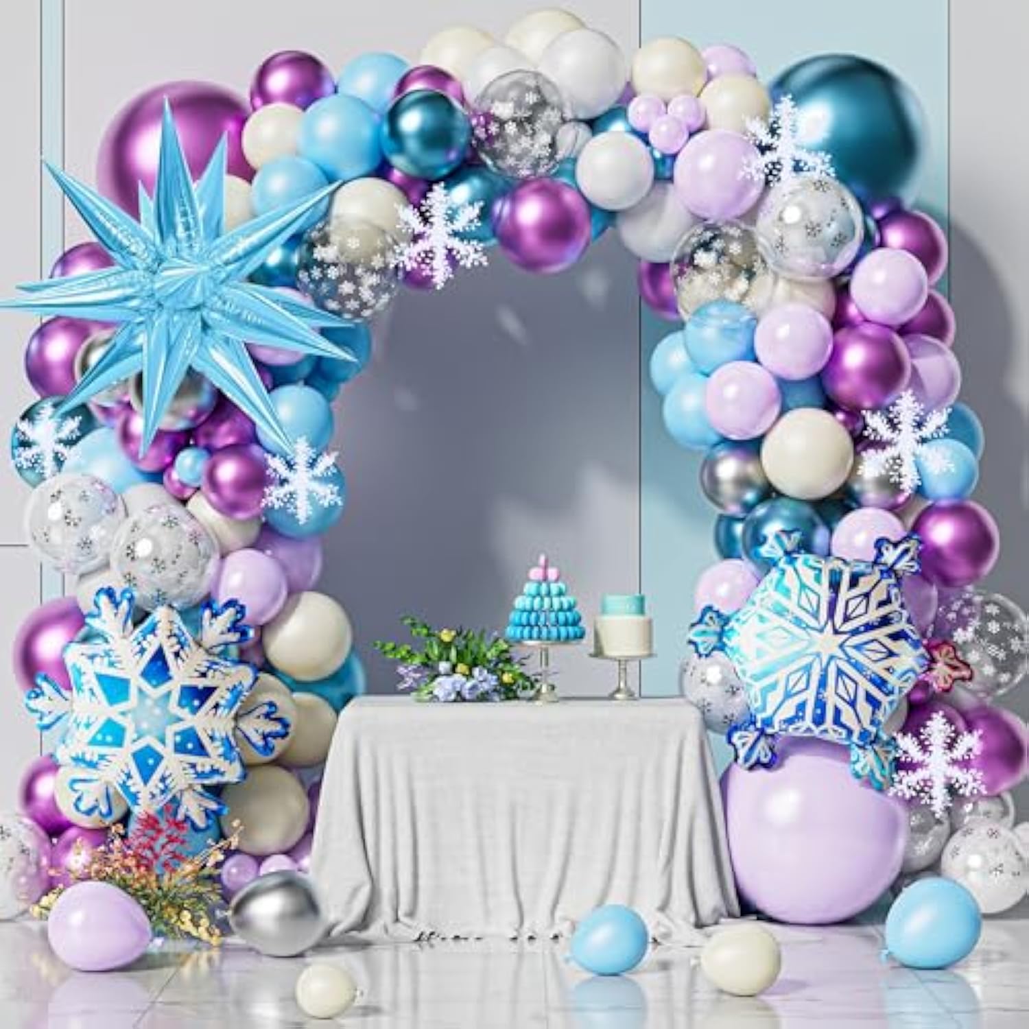 185Pcs Ice Snow Balloons Garland Arch Kit, Purple Blue Silver Balloon Garland, Snowflake Foil Balloons For Winter Wonderland Birthday, Snowflake Baby Shower, Christmas, Holiday, Winter Party Supplies