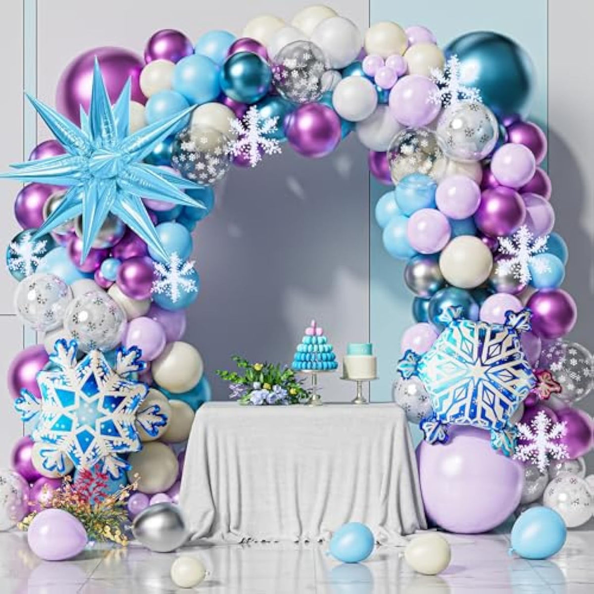 185Pcs Ice Snow Balloons Garland Arch Kit, Purple Blue Silver Balloon Garland, Snowflake Foil Balloons For Winter Wonderland Birthday, Snowflake Baby Shower, Christmas, Holiday, Winter Party Supplies