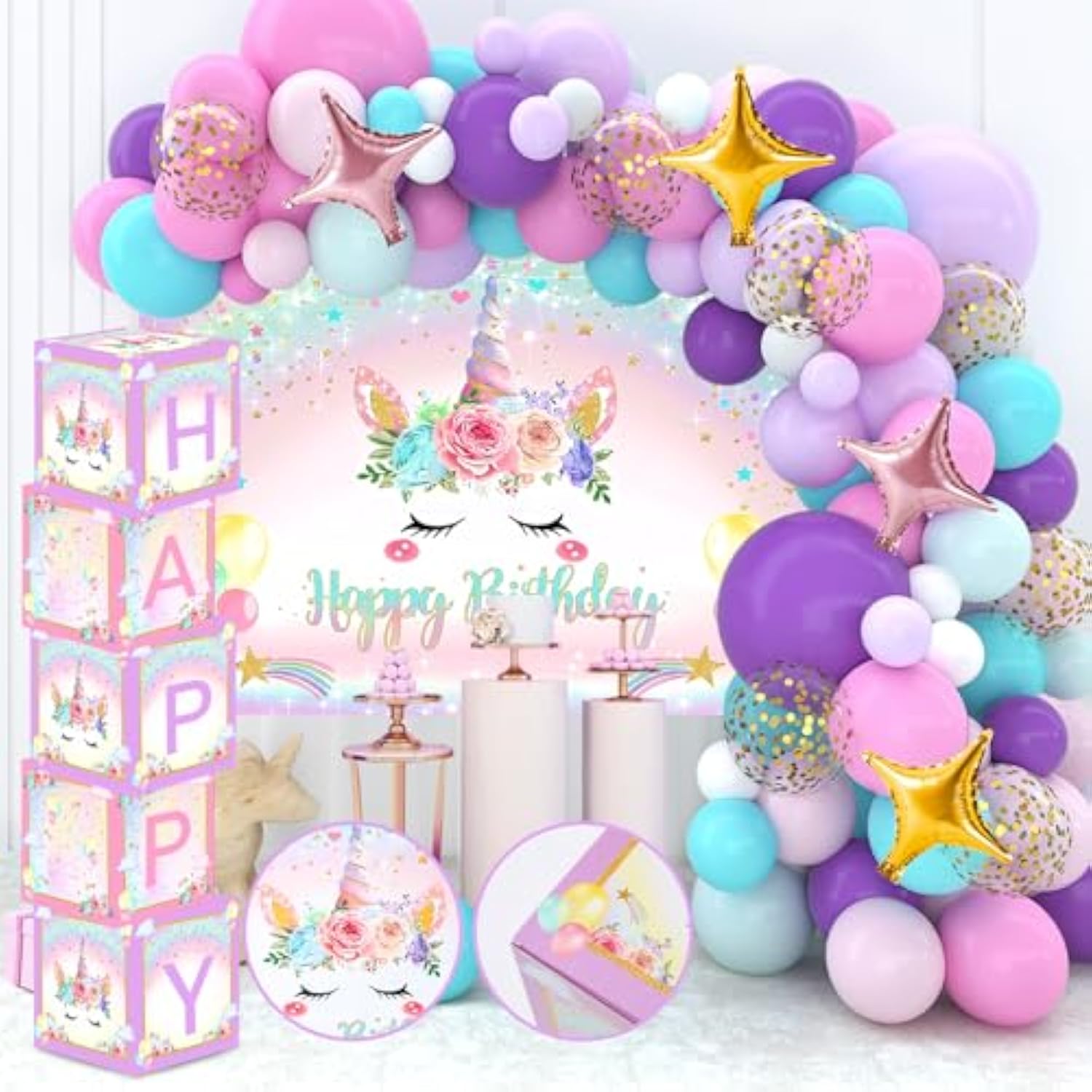 Unicorn Decorations - Happy Birthday Balloon Boxes With Letters, Unicorn Arch Kit And Backdrop