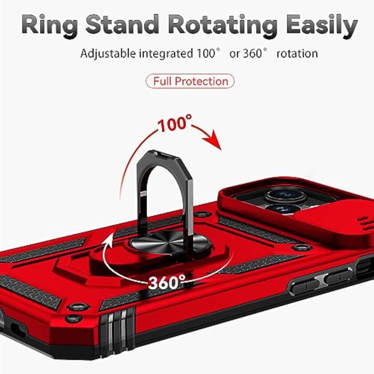 iPhone 15 Case with HD Screen Protector & Slide Camera Cover & Rotated Ring Kickstand, Military-Grade Phone Case for iPhone 15, Red
