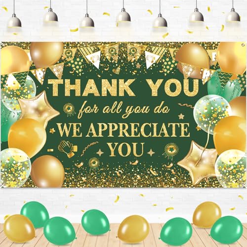 We Appreciate You Thank You Decorations Green Gold Banner Backdrop for Employee Staff Appreciation Gifts Pastor Teacher Doctor Retirement Party Decor