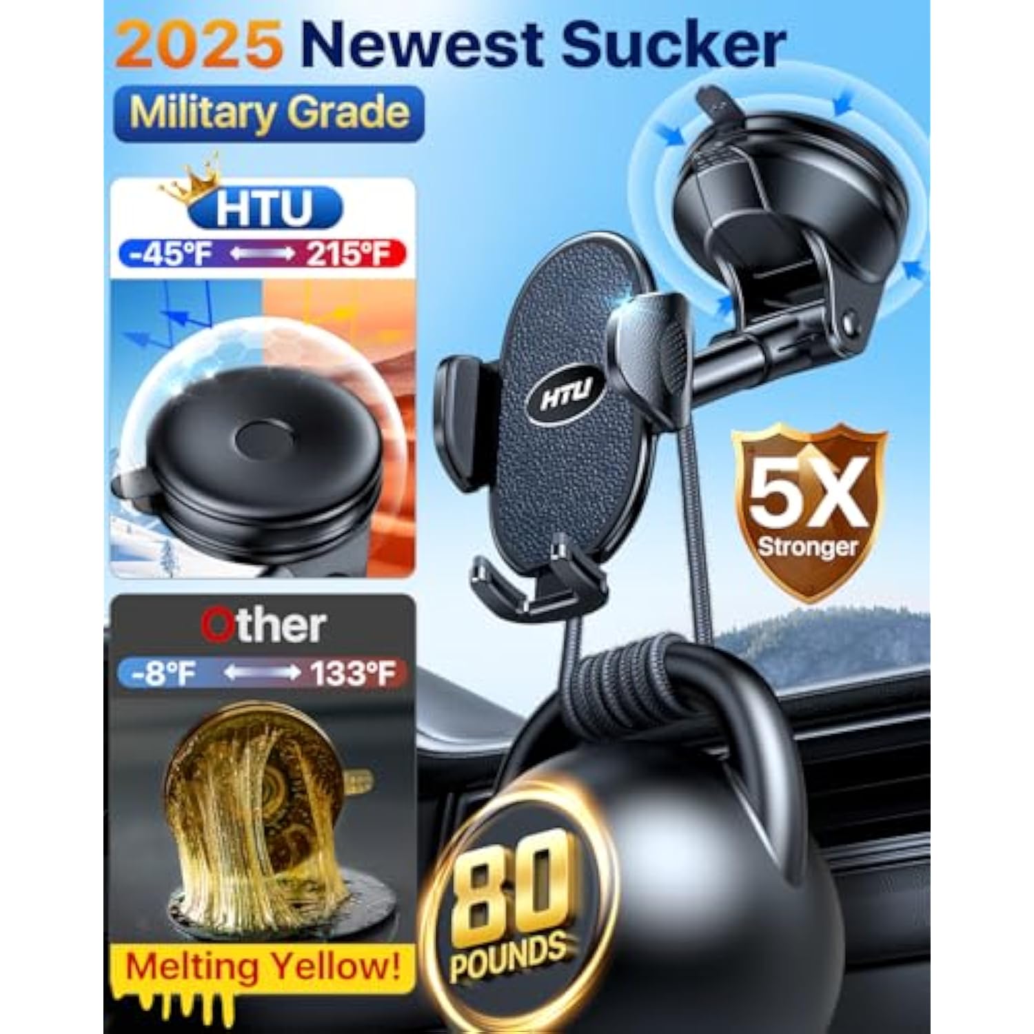 Military-Grade Suction Phone Holder, 360° Rotating Car Mount for iPhone/Samsung