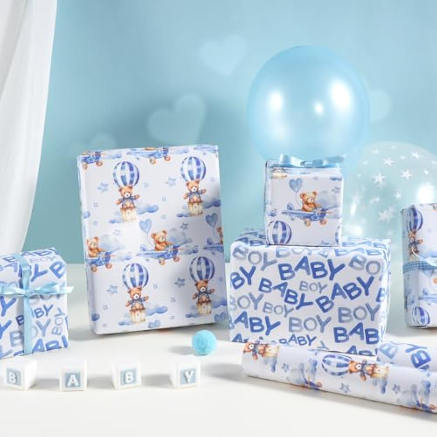 Baby Bear Wrapping Paper Roll, Blue Teddy Bear In Hot Air Balloon Design For Baby Boy Birthday, Baby Shower, Mini Roll, 17 Inches X 32.8 Feet (46.45 Sq.Ft.)
