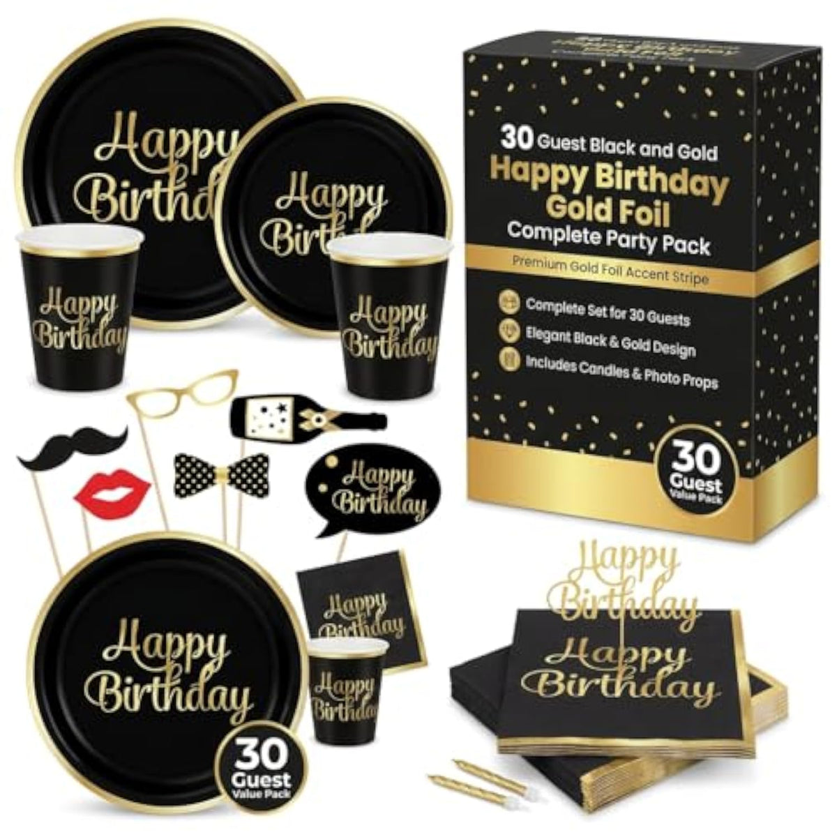 30 Guest Black And Gold Happy Birthday Gold Foil Include Complete Party Pack 9" Dinner Paper Plates 7" Dessert Paper Plates 12 Oz Cups 3 Ply Napkins Party Supplies