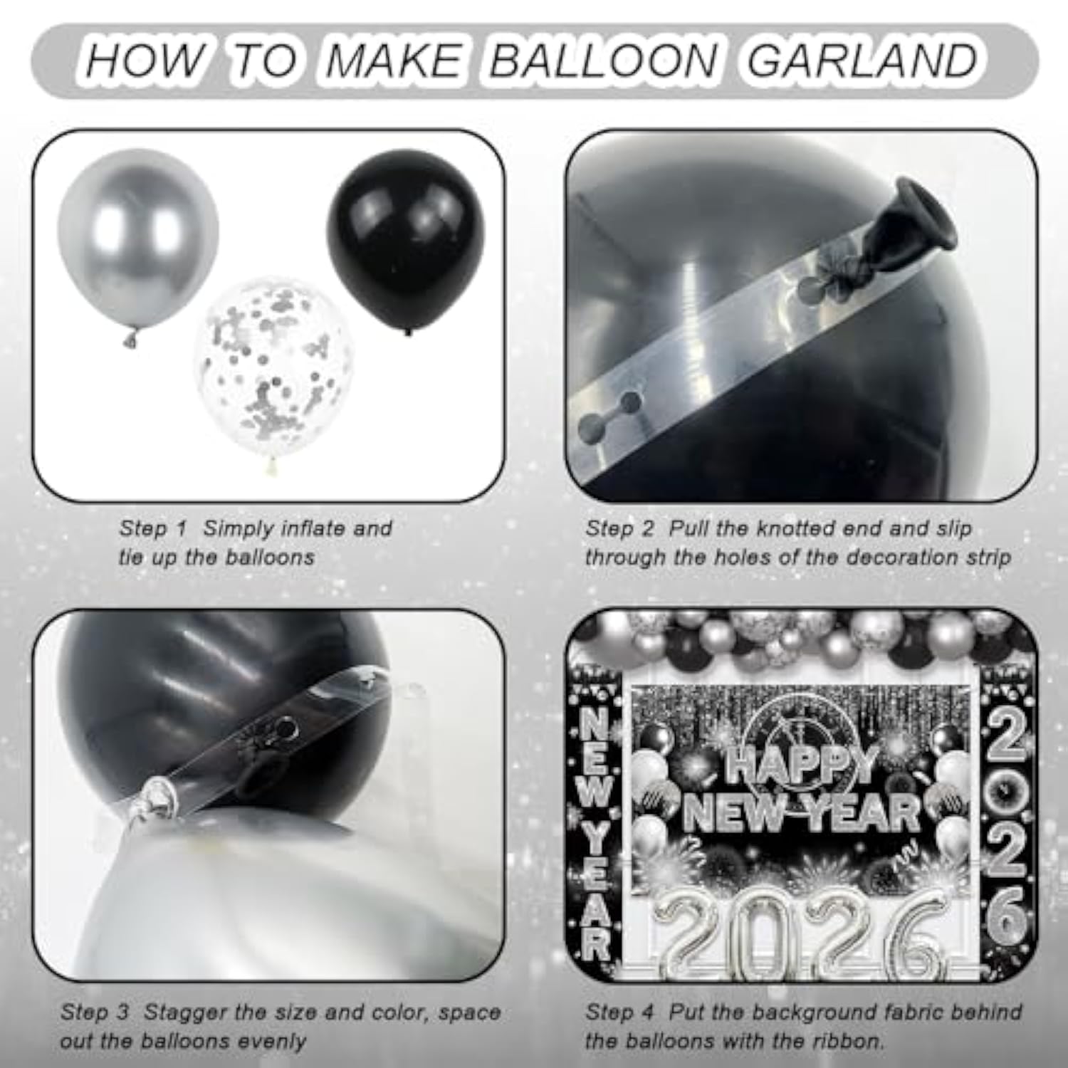 75pcs Black Silver New Year 2026 Decorations Banner Balloon Arch Kit