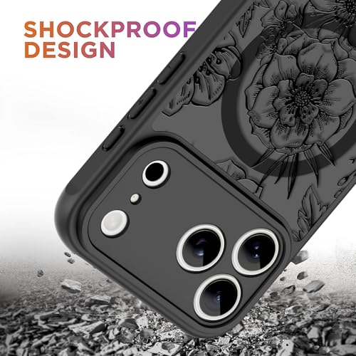 Magnetic Case for iPhone 17 Pro (6.3") with Screen Protector, Cute Floral Design for Women & Girls, [MagSafe Compatible] Slim Translucent Matte Black