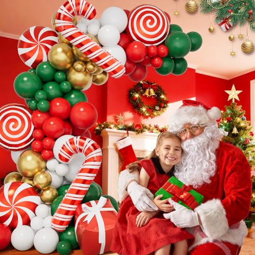 148pcs Red Green White Gold Christmas Balloon Garland Arch Kit with christma Candy Can, Gift Box Foil Balloons for Xmas Decorations Kids Birthday New Year Decor Christmas Party Decorations