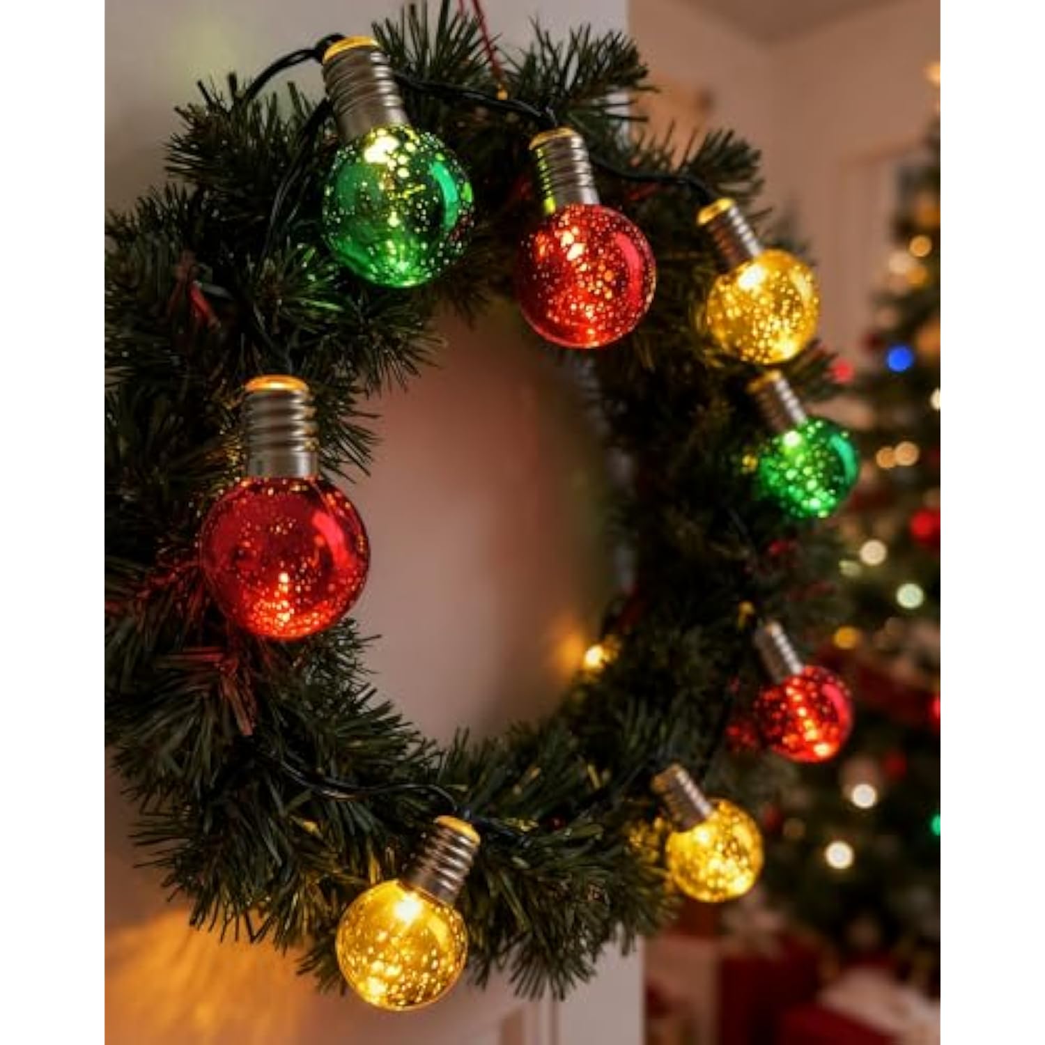 Christmas Lights Indoor Battery Operated, 16Ft Christmas Tree Ball Ornament Lights 20 Led Red Green Gold Globe String Li
