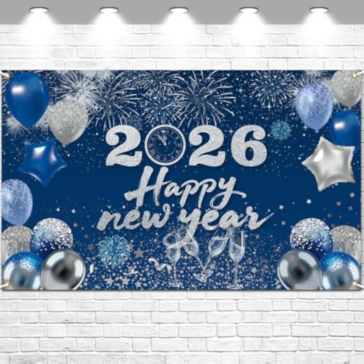Happy New Year 2026 Blue Backdrop Banner for Party and Photo Booth Decor