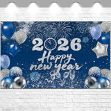 Happy New Year 2026 Blue Backdrop Banner for Party and Photo Booth Decor