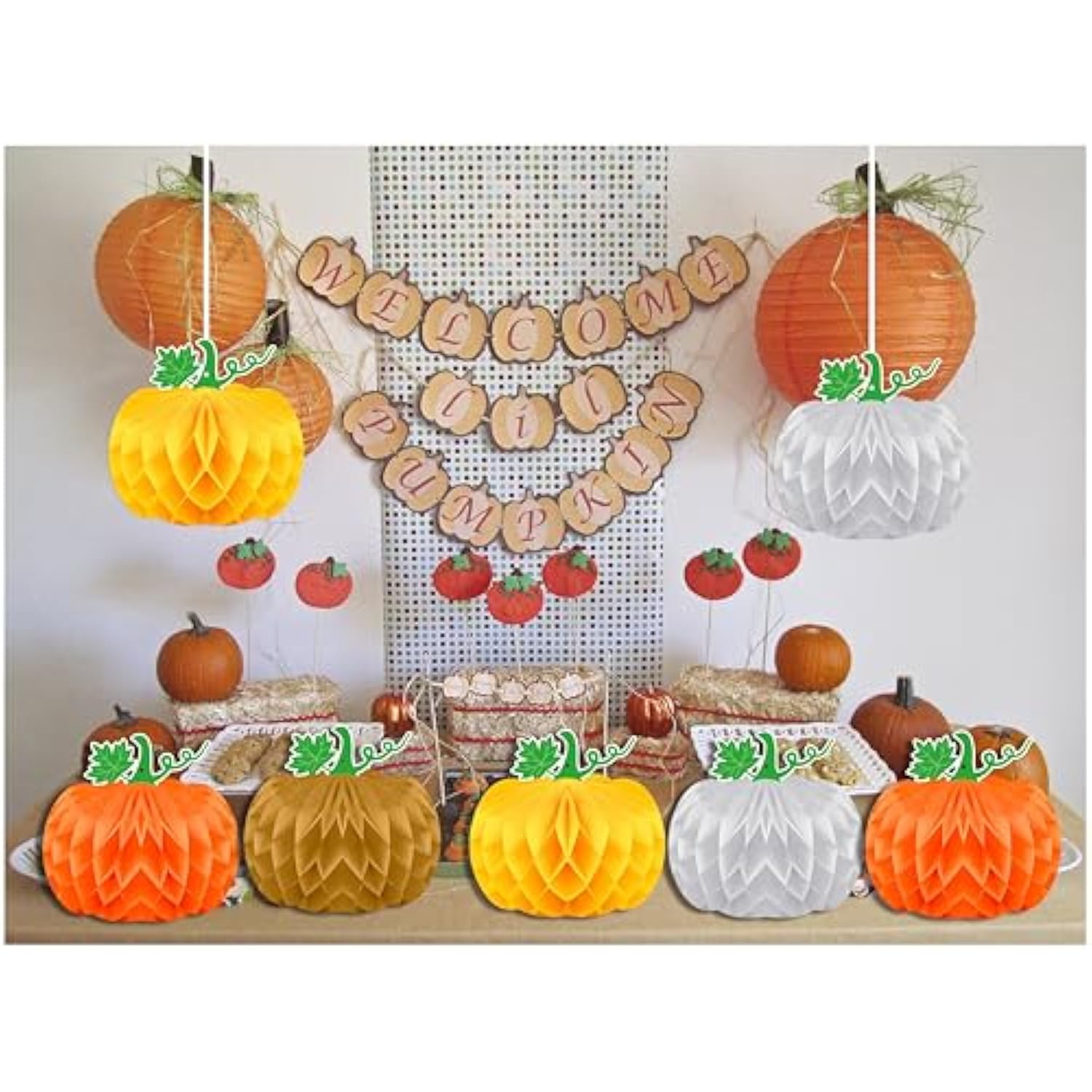 Fall Honeycomb Pumpkin Centerpiece For Table,Ds 10 Inch Thanksgiving Honeycomb Tissue Ball Paper Hanging Pumpkin Decorations For Thanksgiving Friendsgiving Halloween, Little Pumpkin Baby Shower Decor