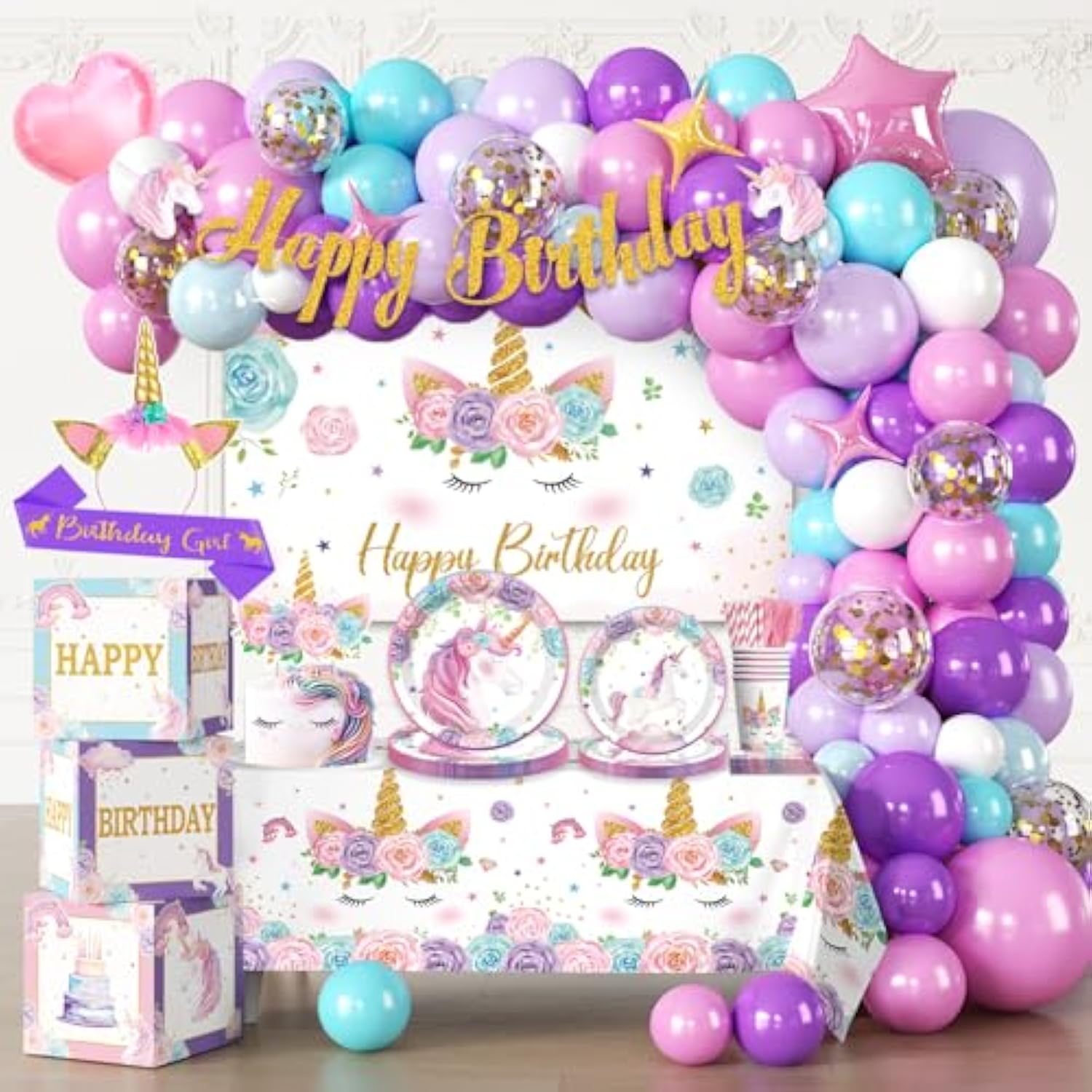 246Pcs Unicorn Birthday Decorations Set, All-In-One Party Supplies Pack With 20 Plates, Purple Unicorn Party Supplies For Girl Birthday Party, Serves 20 Guests