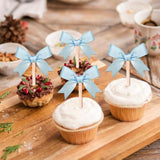 24Pcs Blue Bow Cupcake Toppers Blue Bow Birthday Decorations For Coquette Bridal Baby Shower Wedding Themed Party Decorations Supplies (Blue)