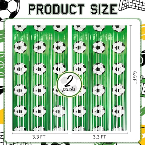 2 Pack Soccer Fringe Curtains, 3.3x6.6ft Green Backdrop with Soccer Ball Prints, World Cup Party Decorations, Photo Booth, Watch Party, Birthday, Team Spirit, Sports Theme Decor, Door Wall Streamers