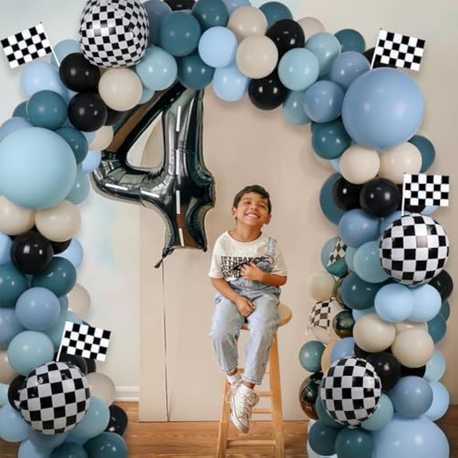 134PCS Race Balloon Garland Kit Dusty Blue Black Checkered for Birthday & Baby Shower