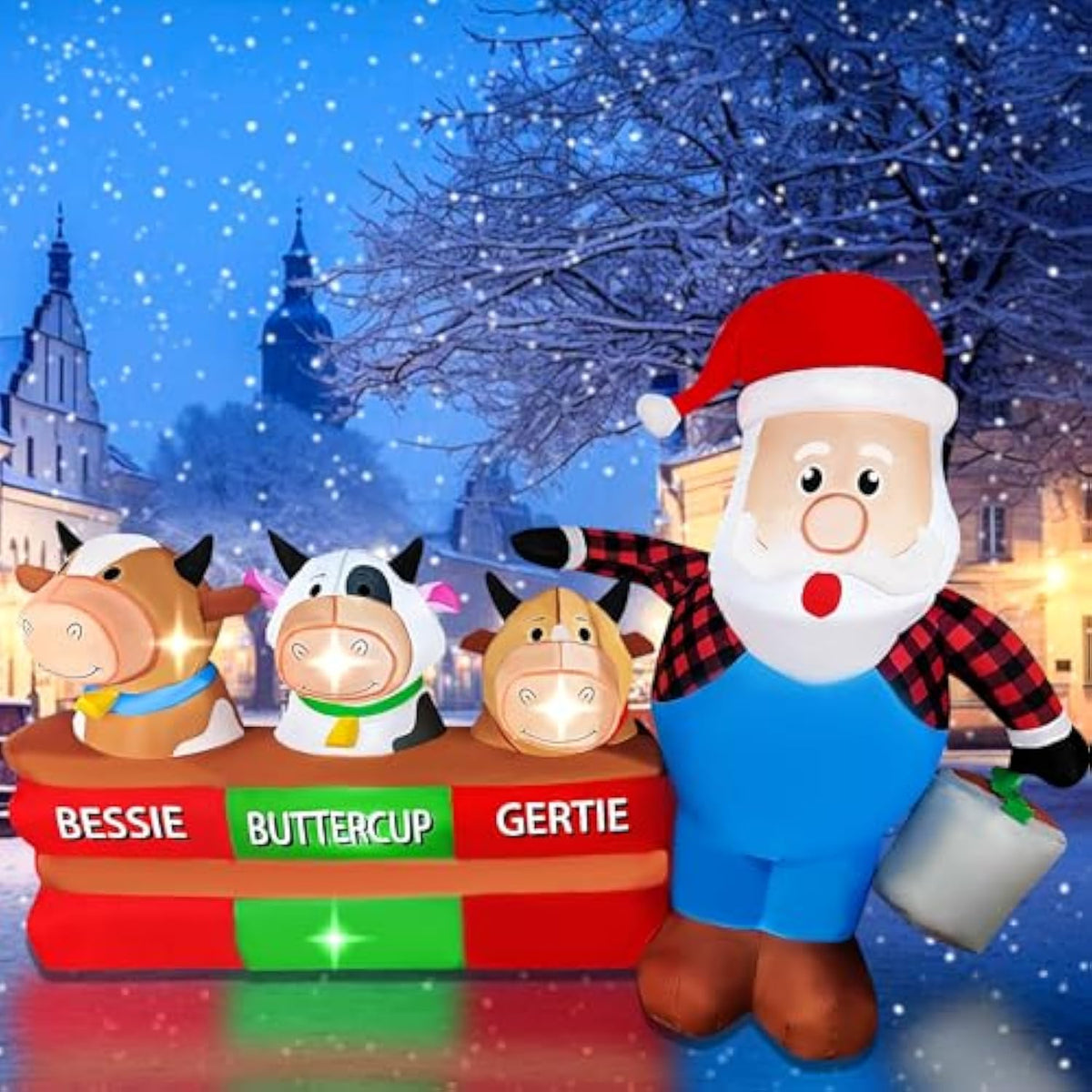 Christmas Inflatables 7Ft Long Santa Claus With Cows Farm Decoration, Led Lighted Xmas Blow Up Cow For Party Indoor Outd