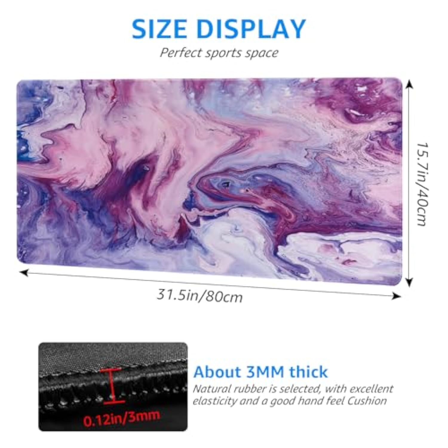 Large Desk Mat With Marble Design, Purple And Blue, Extended Gaming Mouse Pad With Abstract Pattern, 31.5 X 15.7 Inches, Non-Slip Base